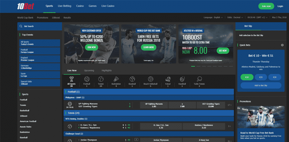 The 10Bet website offers a great new design and look!