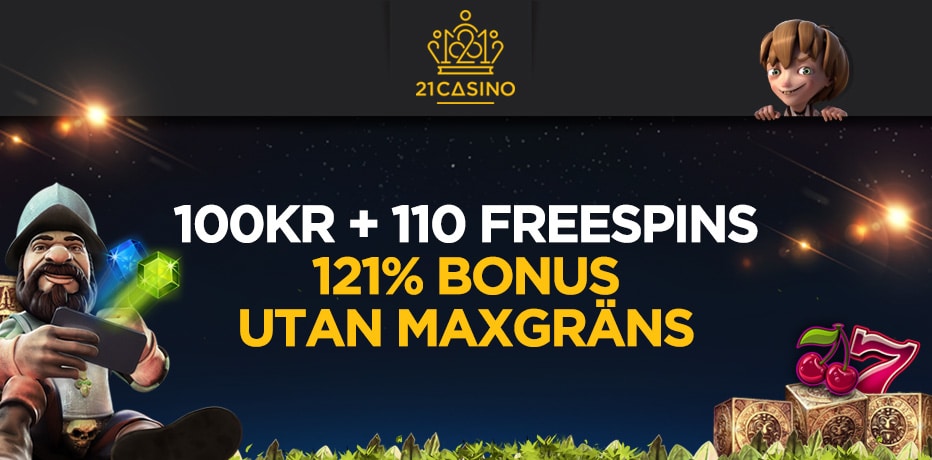 Hämta 100 kr Gratis på 21 Casino (+ 10 Spins)