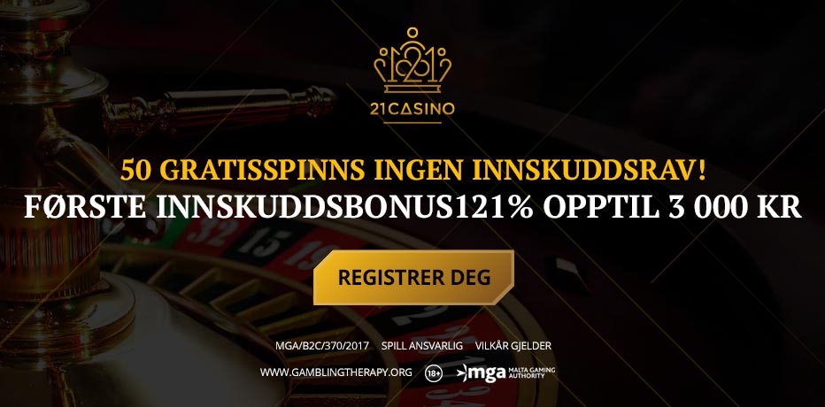 21 Casino No Deposit Bonus - 50 gratisspinn ved registrering