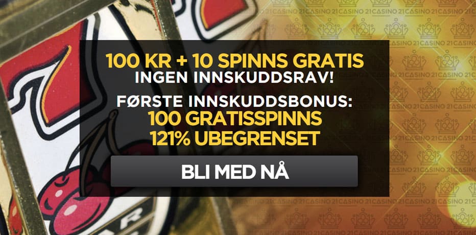 21 Casino-kampanjer | 10 freespins + 10,- gratis + 121% bonus