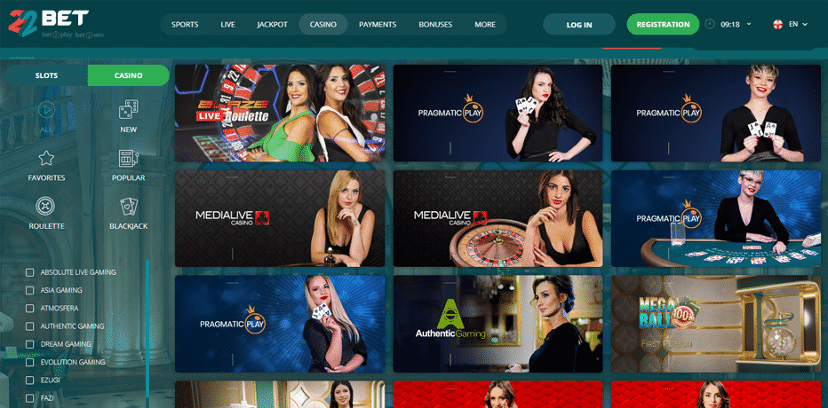 Juegos de casino y Casino en vivo en 22Bet