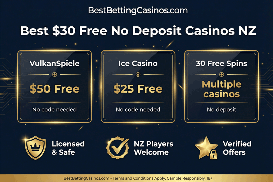 Recommended $30 free no deposit bonus offers for players from New Zealand
