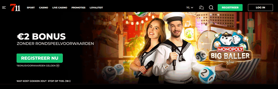 711 Casino No Deposit Bonus - speel €2 gratis op Monopoly Big Baller (zonder storting)