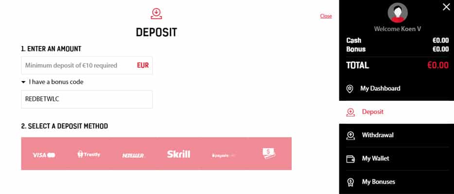 Make a first deposit at Redbet!