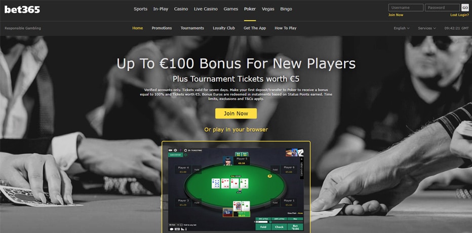 Bet365 Pokeribonus - 100€ Bonus + 10 Ilmaiskierrosta + 5€ Tiketteinä