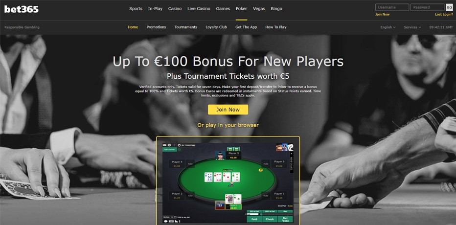 Bet365 Poker Bonus – 100 € Bonus + 10 Freispiele + 5 € in Tickets