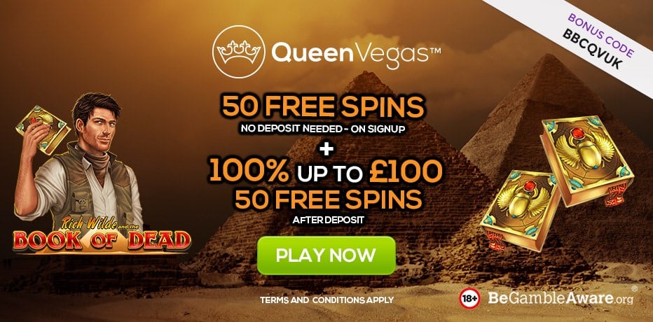 Bonus exclusif chez Queen Vegas - 50 tours gratuits pour Book of Dead (aucun dépôt requis)