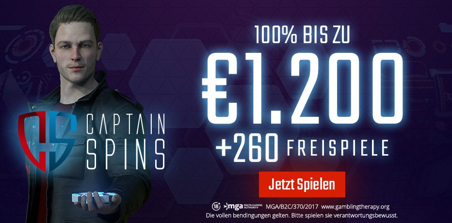 Captain Spins Bonus - 260 Freispiele auf Book of Dead + 1.200€ Bonus