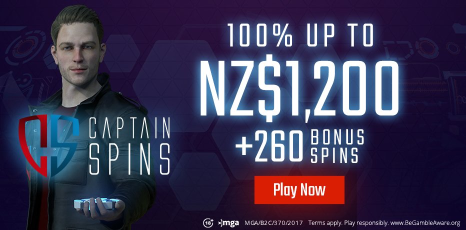 Captain Spins Bonus Review New Zealand - 260 Free Spins + NZ$1200 Bonus