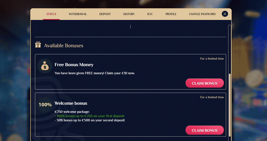 VegasPlus Welcome Bonus of up to €750