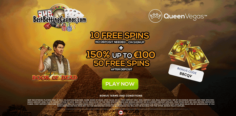 Claim 50 Free Spins on the Book of Dead at Queen Vegas