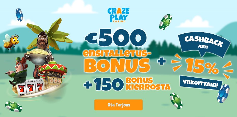 Craze Play Bonusarvostelu - 150 Ilmaiskierrosta + Jopa 500€ Bonus