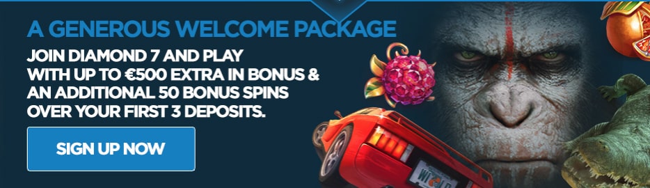 Diamond 7 Welcome Package; €500,- + 50 Free Spins