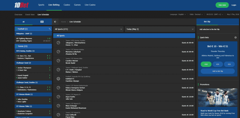 In-Play Betting på 10Bet Sportsbook