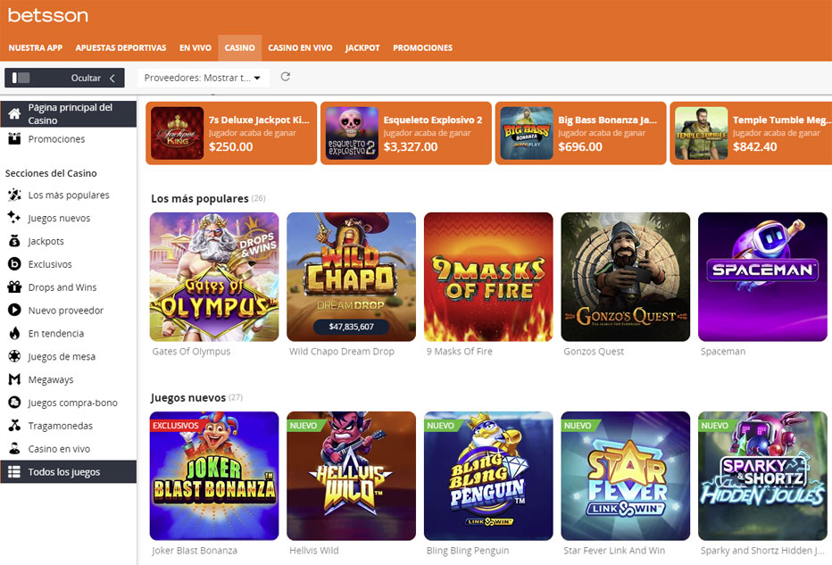 Juegos disponibles en Betsson Casino