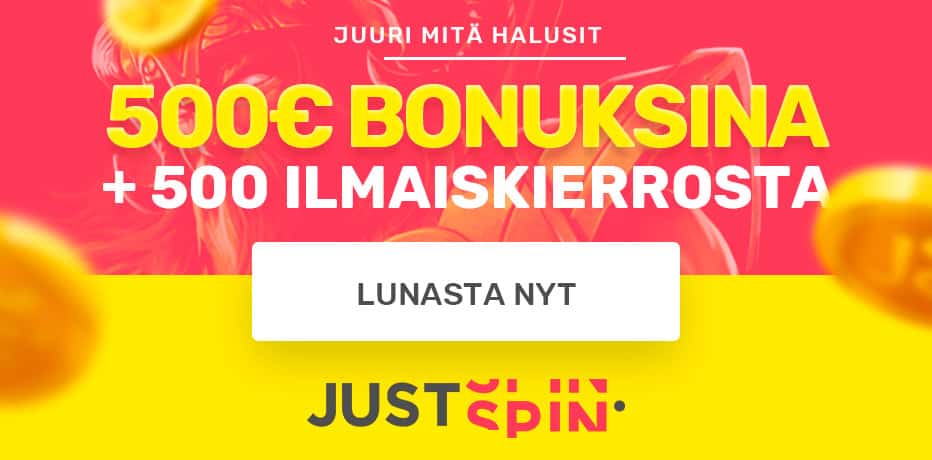 Just Spin Casinon bonusarvostelu – 100 ilmaista pyöräytystä + 500€ bonus ja 500 lisäpyöräytystä