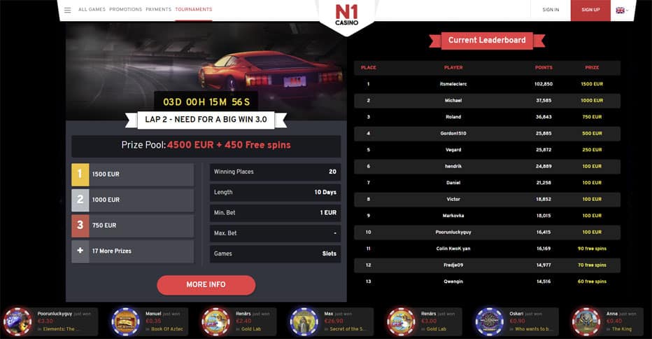 Nehmen Sie an Turnieren mit 10 Euro kostenlosem n1 Casino teil