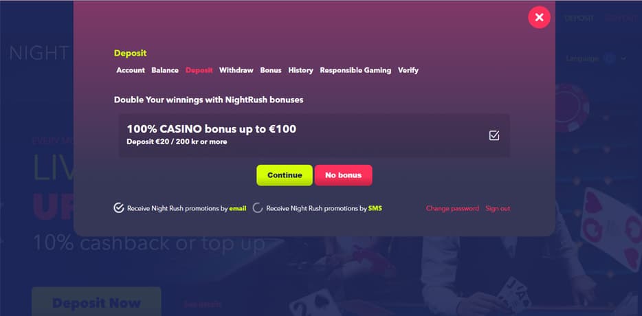 NightRush Casino-Bonus - 100% bis zu €100,-