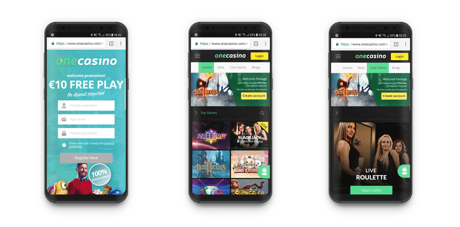 OneCasino på en mobiltelefon