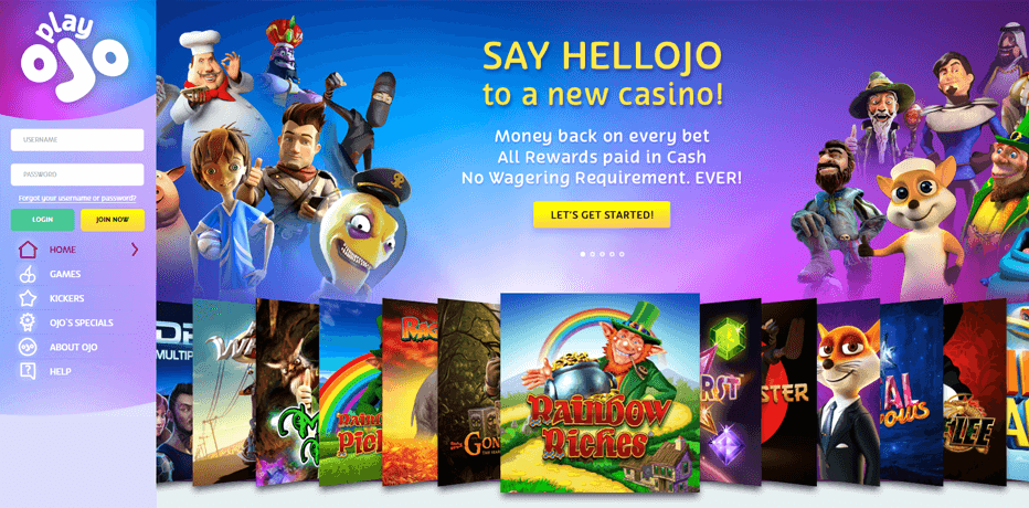 PlayOJO Casino, money back on every spin you make!