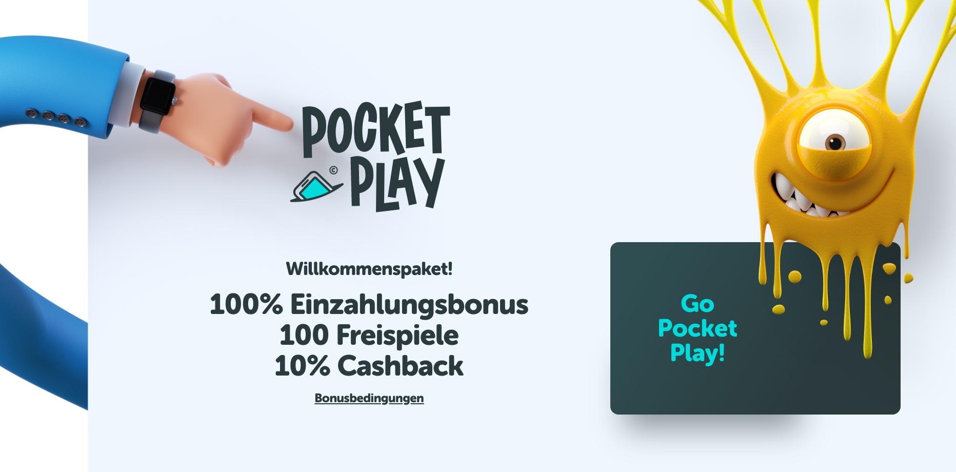 Pocket Play Casino Bonus - 100 € + 100 Freispiele + 10% Cashback