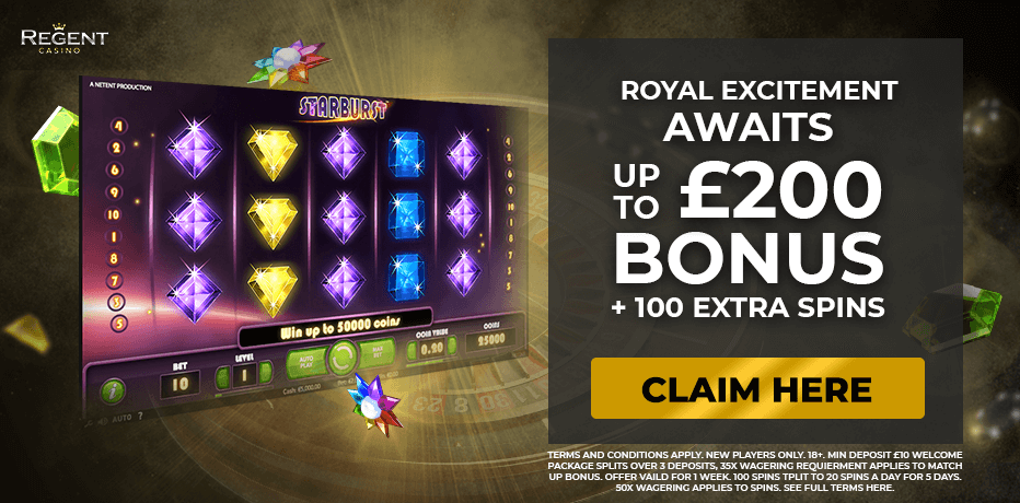 Regent Bonus - Up To £200 + 100 Bonus Spins