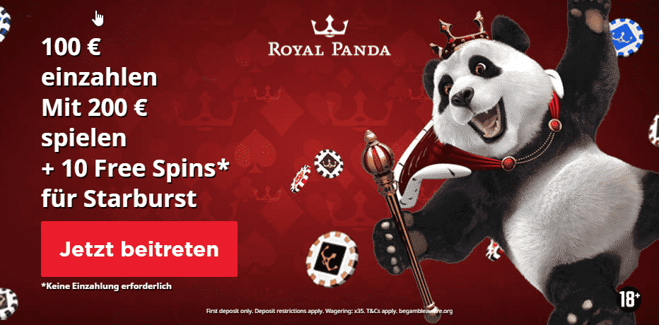 Royal Panda Bonus ohne Einzahlung (10 Freispiele auf Starburst)