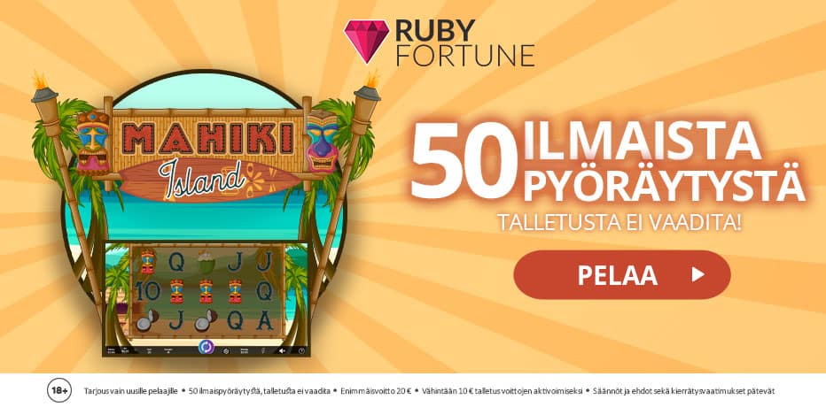 Ruby Fortunen bonus – 50 ilmaispyöräytystä (talletusta ei vaadita) + 3x 100% bonusta
