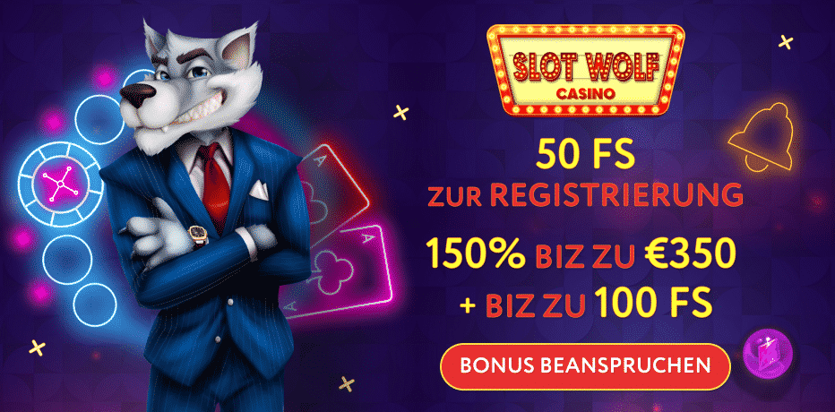 Slotwolf-Bonus ohne Einzahlung (erforderlich) - 50 Freispiele (⭐Exclusive) + 150% Bonus