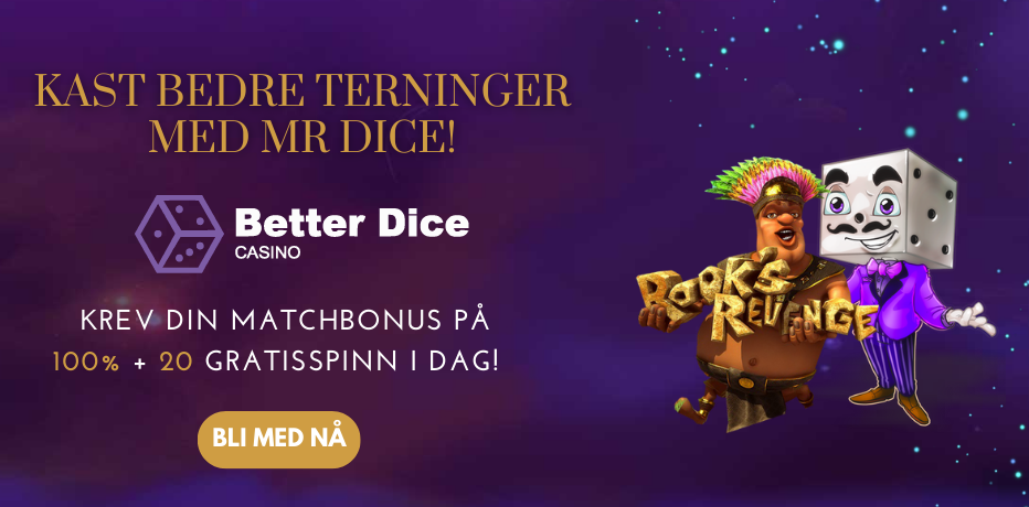 BetterDice Bonusanmeldelse - 20 gratisspinn + 100% i bonus opp til kr 35.000