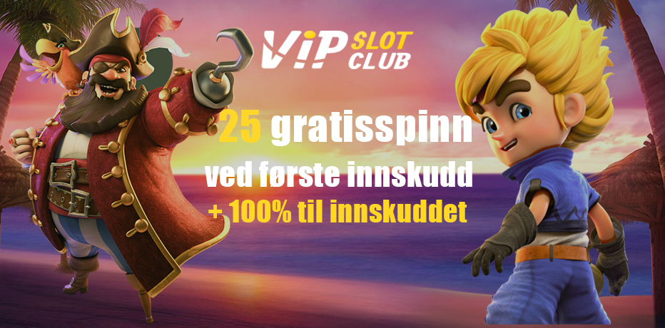 VipSlot.Club - 25 gratisspinn (ingen innskudd nødvendig) + ca kr 29 000 Bonus + 300 gratisspinn