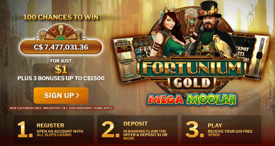 All Slots $1 deposit bonus for 100 free spins on Fortunium Gold Mega Moolah