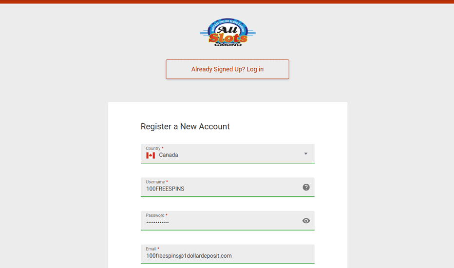 All Slots easy registration process