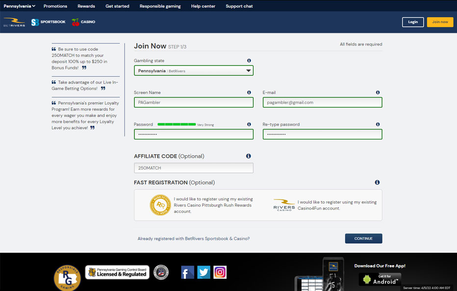 Signing up at BetRivers Casino