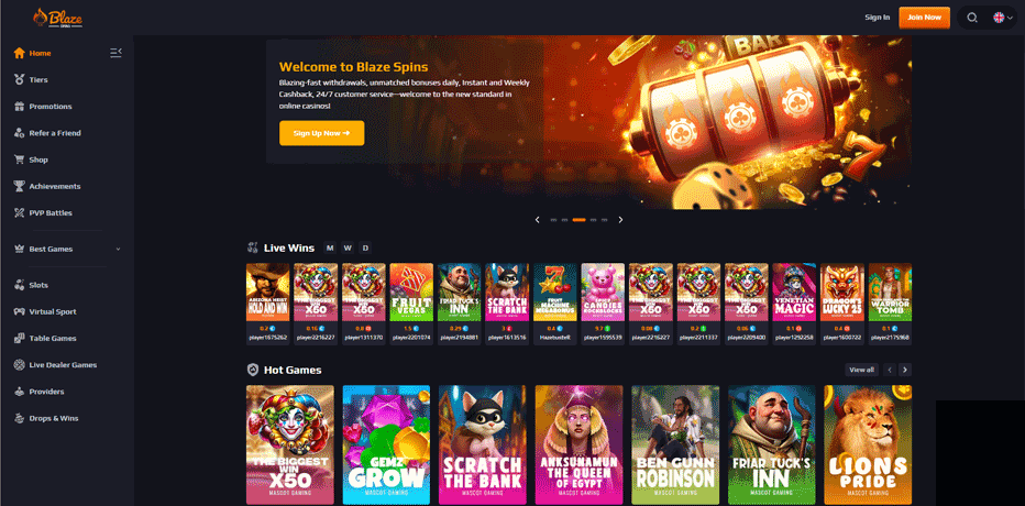 Game selection at Blaze Spins Casino
