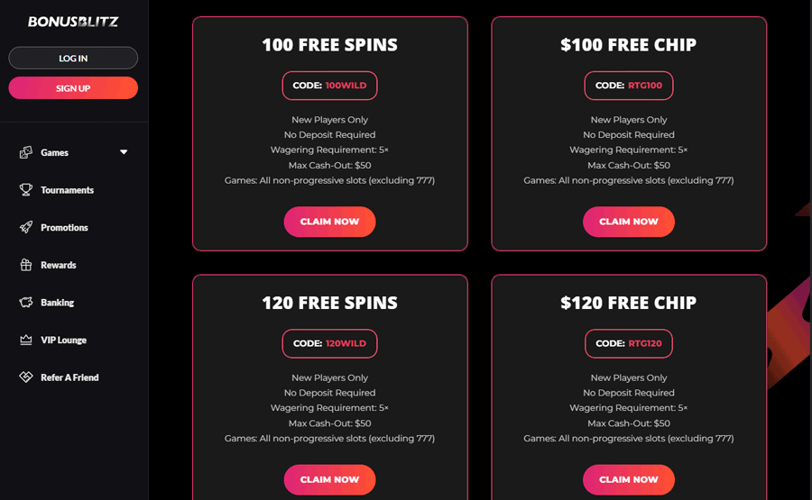 Bonus Blitz Bonus Code for a $100 Free Chip ‘’RTG100’’
