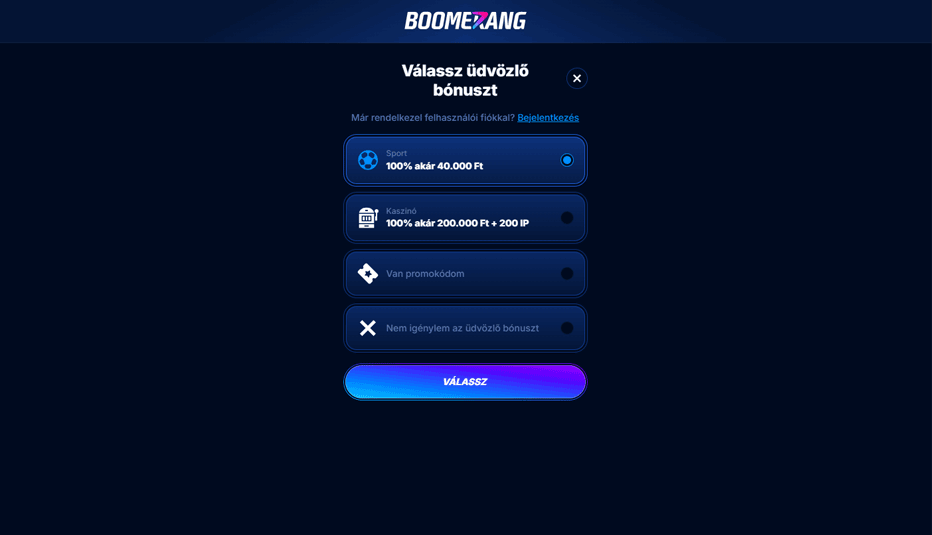 Boomerang Bet üdvözlő bónusz Magyarország – 100% akár 200.000 HUF + 200 ingyenes pörgetés