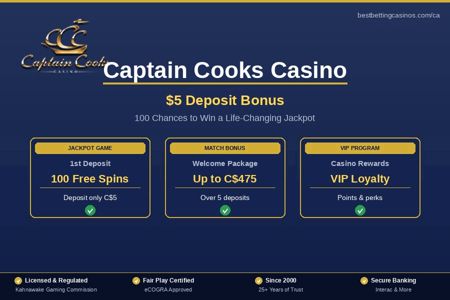 Captain Cooks Casino welcome bonus - up C$475 during 4 deposits Captain Cooks Casino welcome bonus - up C$475 during 4 deposits