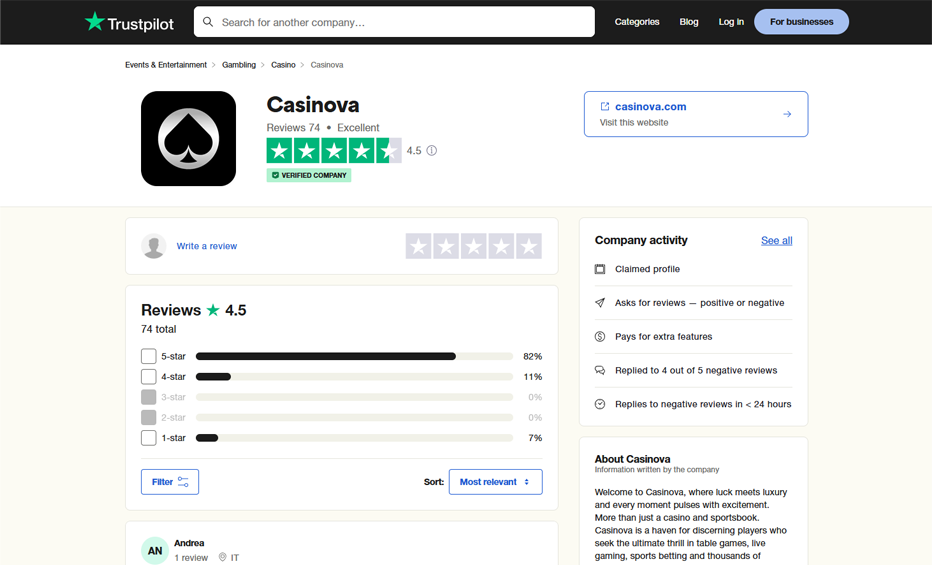 Casinova casino - very well rated on customer platforms such as Trustpilot