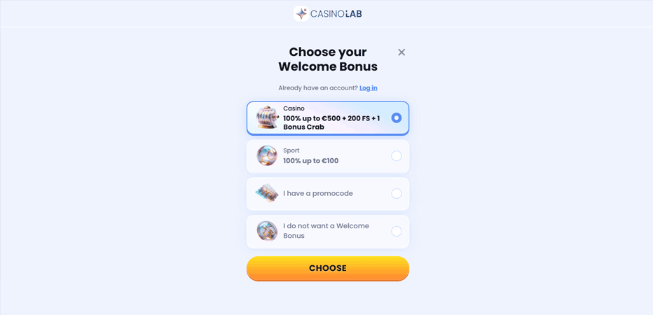 Pick your welcome bonus at CasinoLab