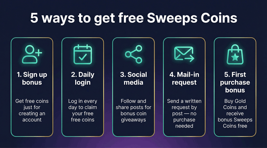 How to get free Sweeps Coins - Daily login rewards and sign up bonuses