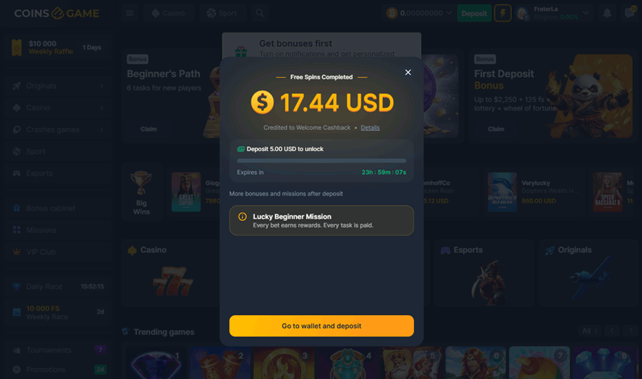 Winnings from Coinsgame no deposit bonus