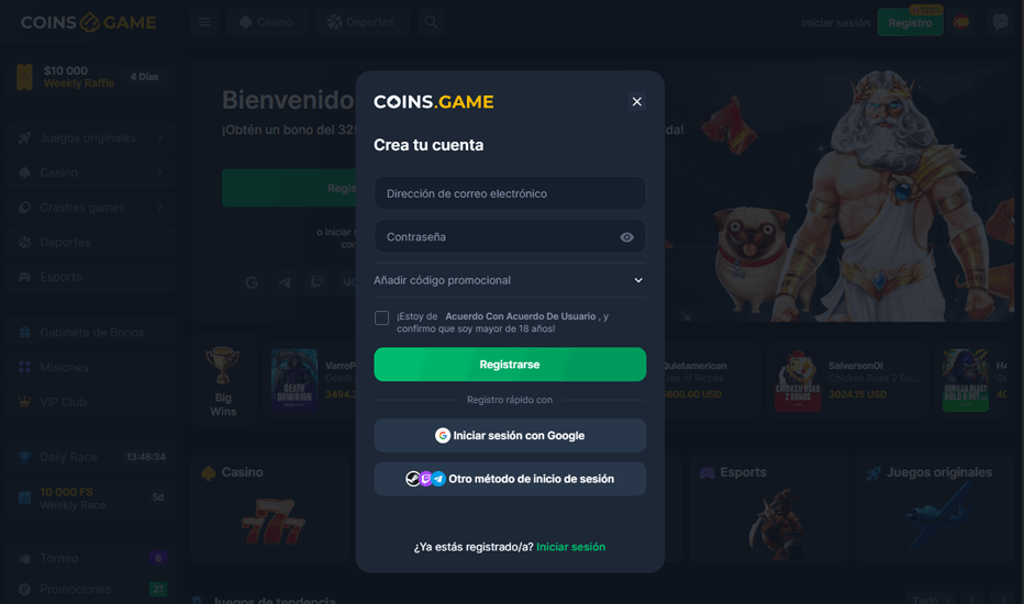 Bono sin depósito exclusivo de Coins.Game – 10 giros gratis con el código BBC2026
