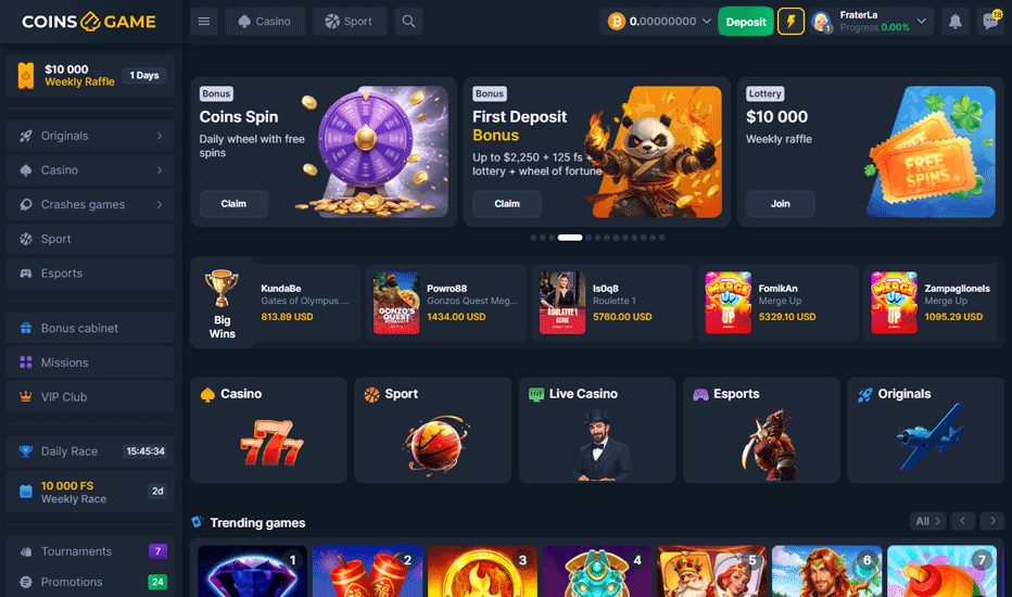 Coinsgame casino - intuitive navigation and great mobile experience