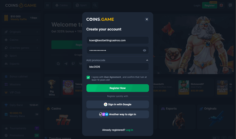 Exclusive Coinsgame no deposit bonus – 10 free spins with the promo code BBC2026