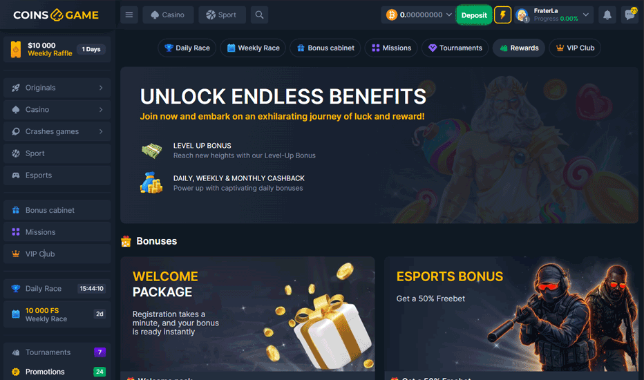 Coinsgame welcome package – up to $2,250 + 125 free spins