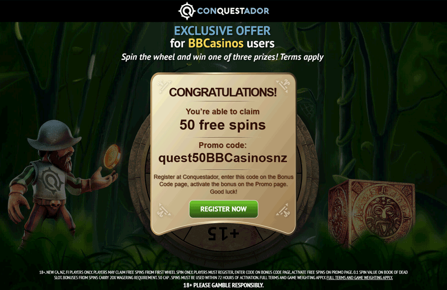 Conquestador no deposit bonus - win up 50 free spins on the Book of Dead Conquestador no deposit bonus - win up 50 free spins on the Book of Dead