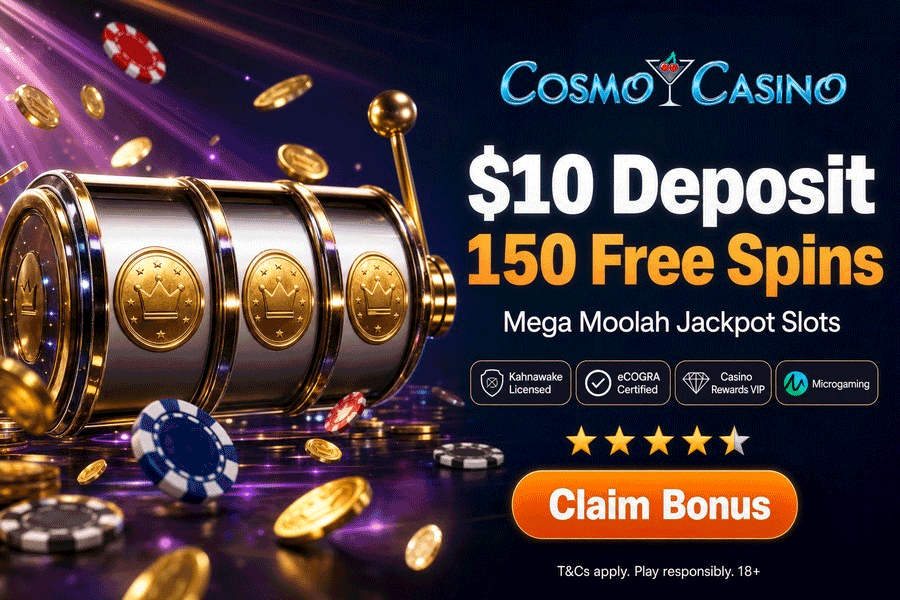 How the Cosmo Casino $10 deposit bonus works - enjoy 150 free spins on Mega Money Wheel