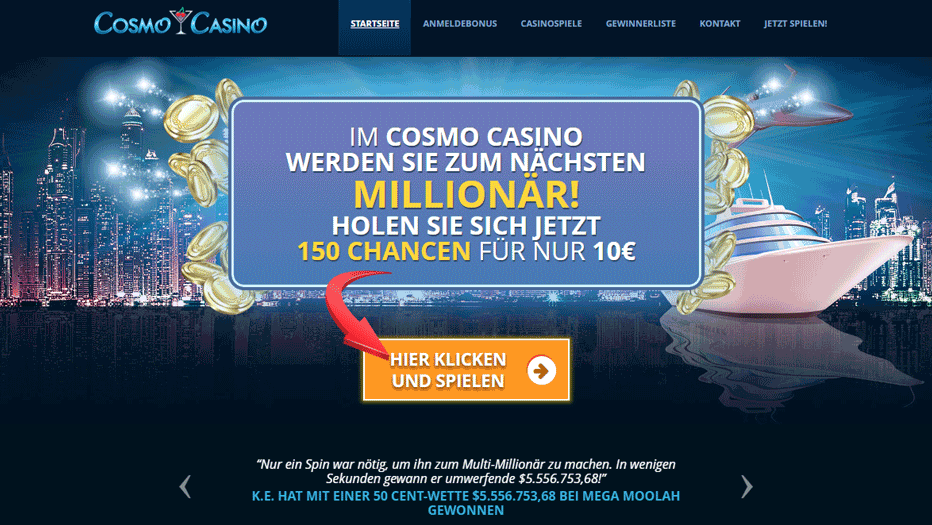 Cosmo Casino 10 Euro Einzahlungsbonus – 150 Freispiele für Jackpot-Slots
