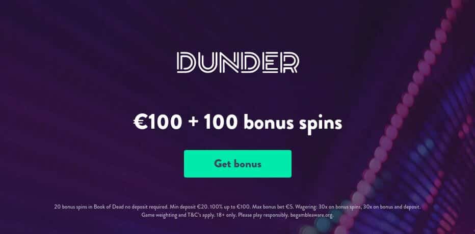 Dunder Bonus - 20 Ilmaiskierrosta (ei talletuspakkoa) + 100% Bonus